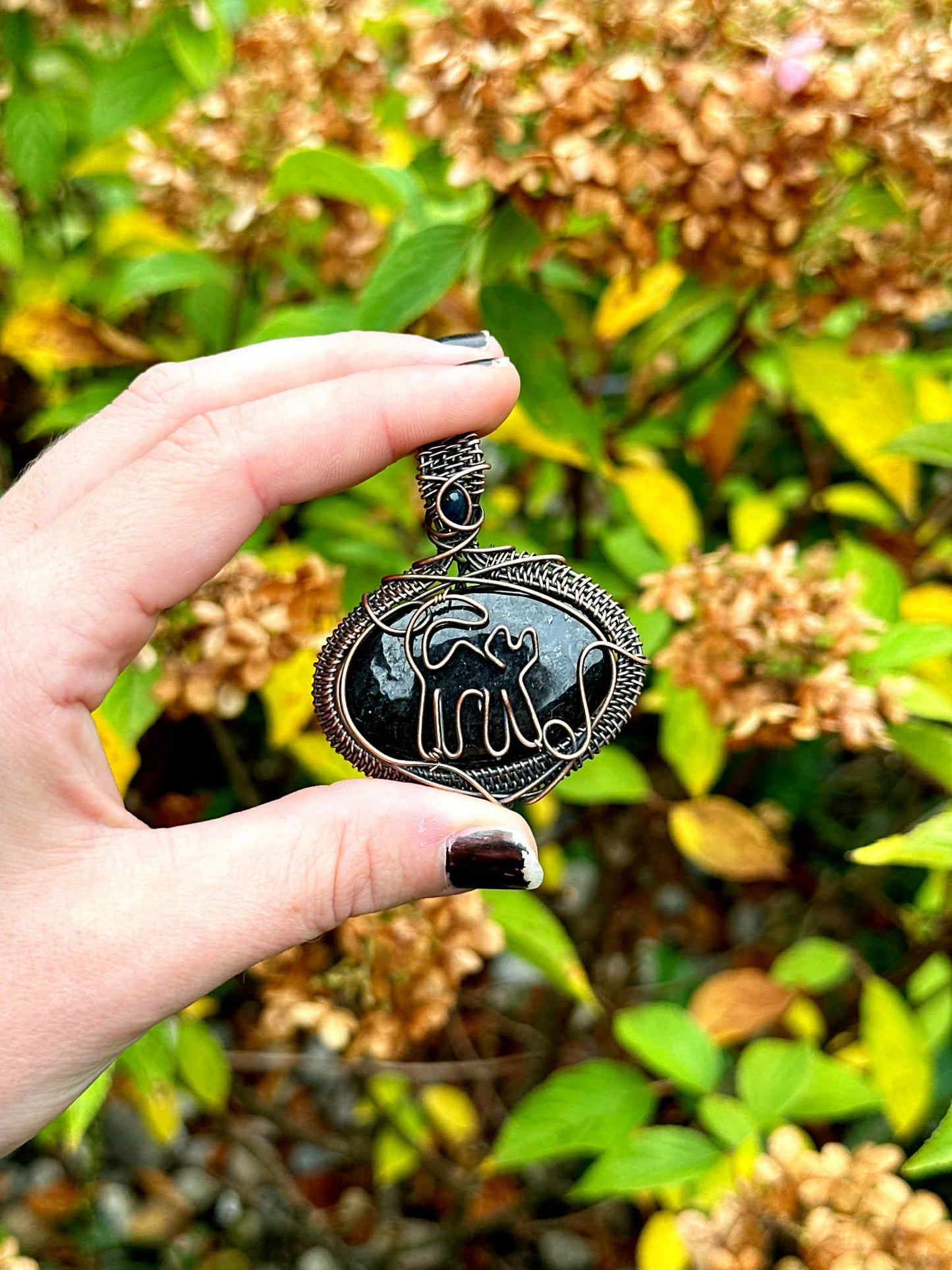 Black Cat Black Onyx & Black Mexican Opal Accent Crystal Copper Pendant