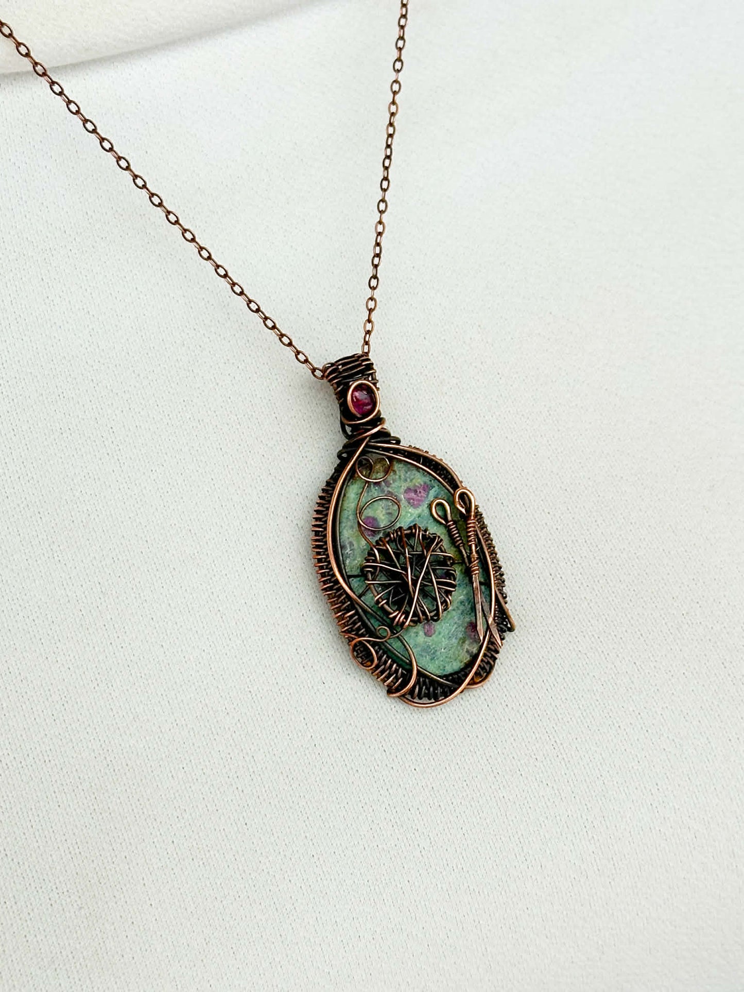 Knitting Ruby Zoisite & Pink Tourmaline Crystal Copper Pendant