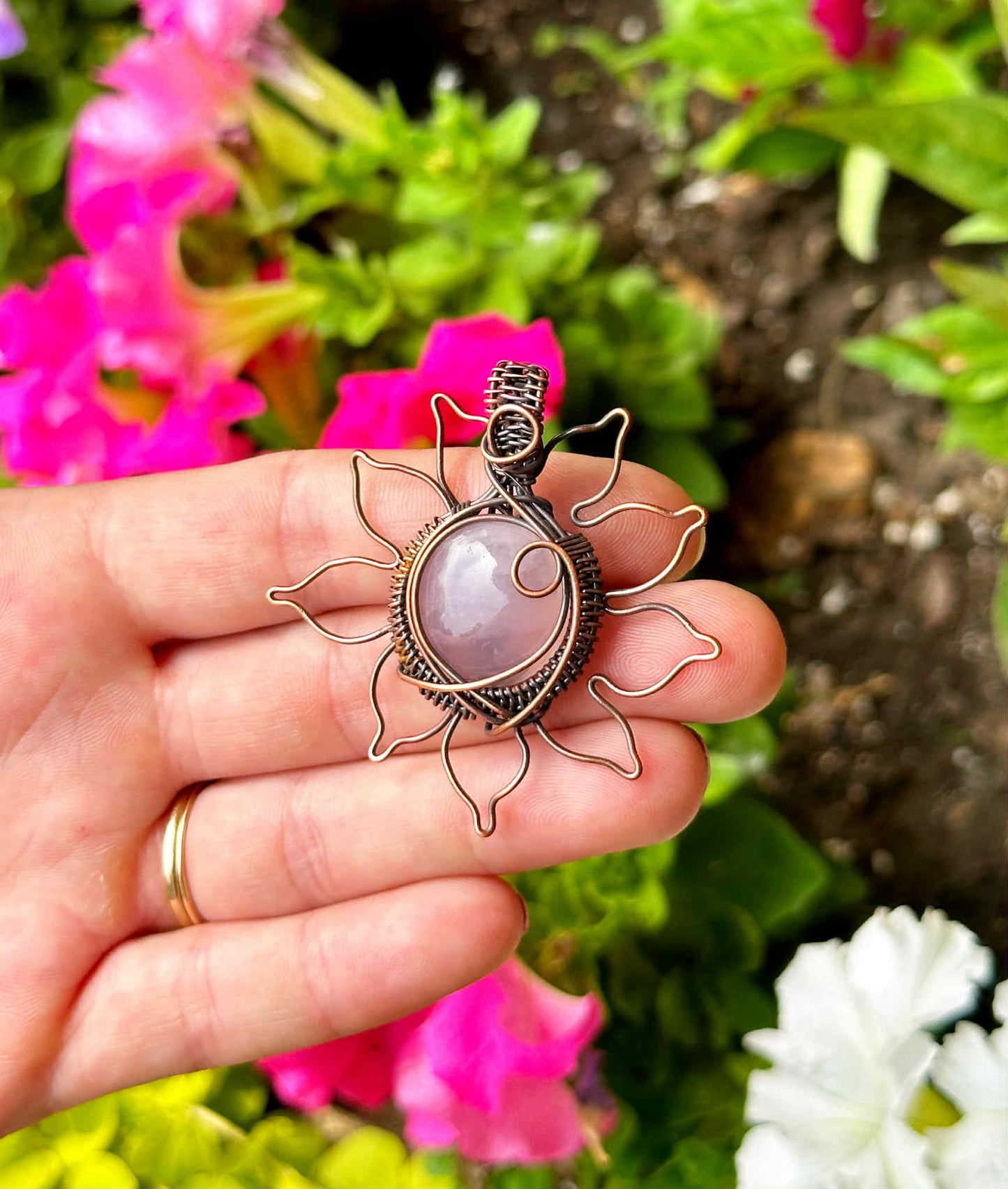 Sun Rose Quartz Crystal Copper Pendant