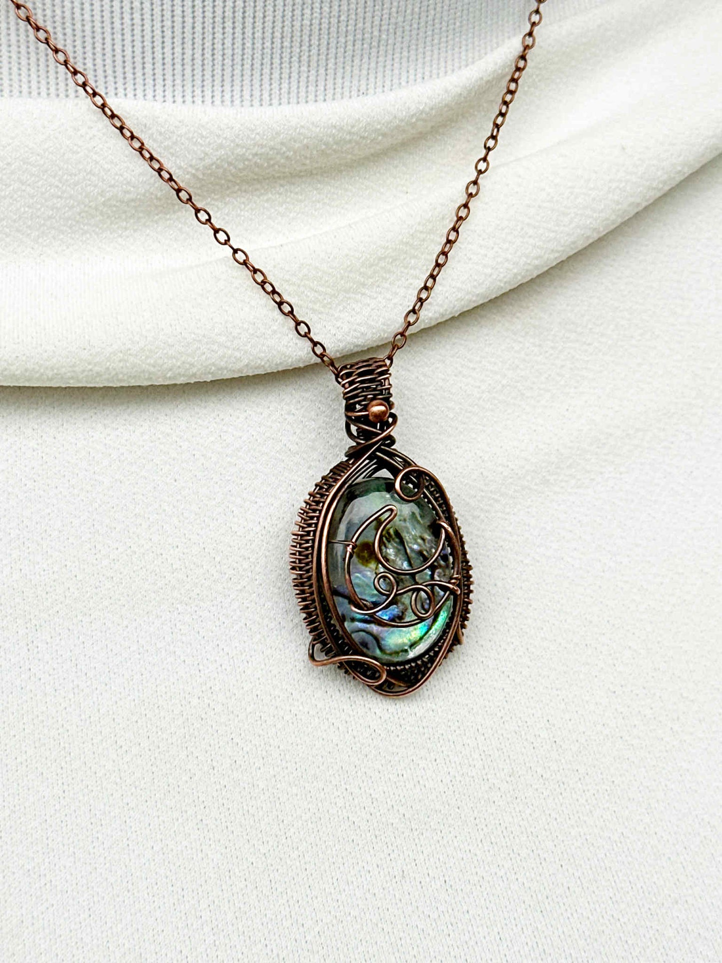 Crescent Moon Abalone Shell Crystal Copper Pendant