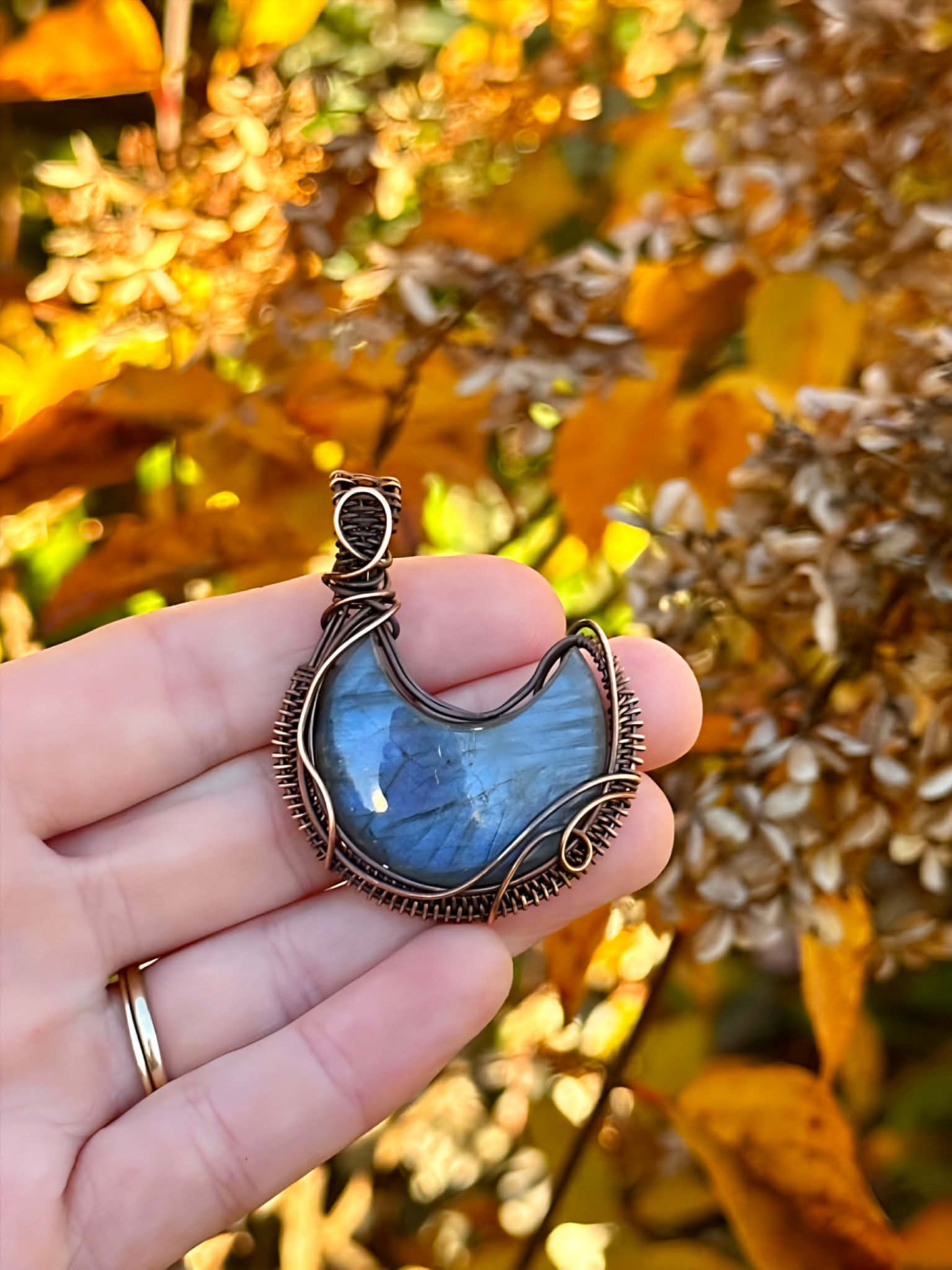 Crescent Moon Blue Labradorite Crystal Copper Pendant