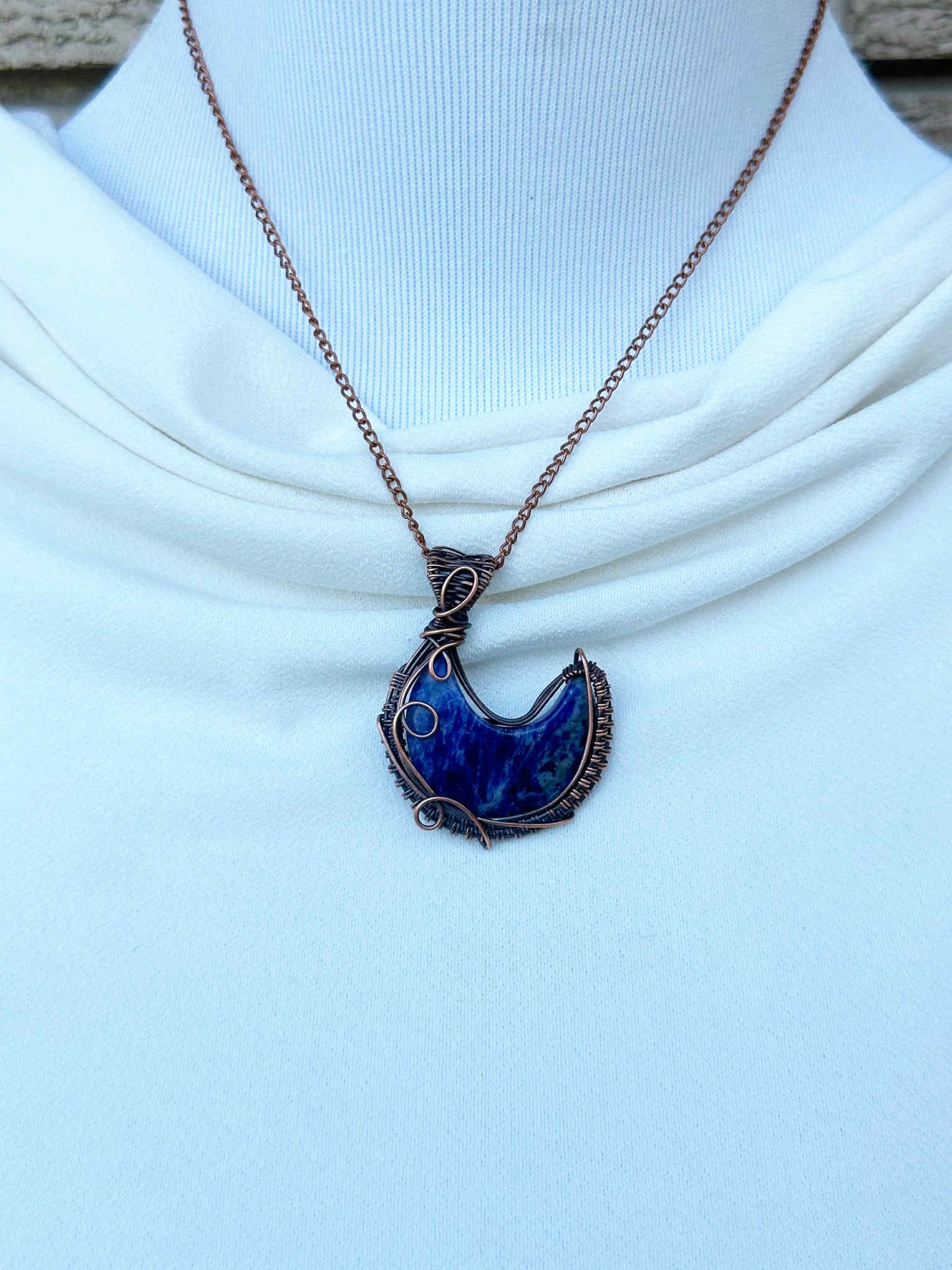 Crescent Moon Lapis Crystal Copper Pendant