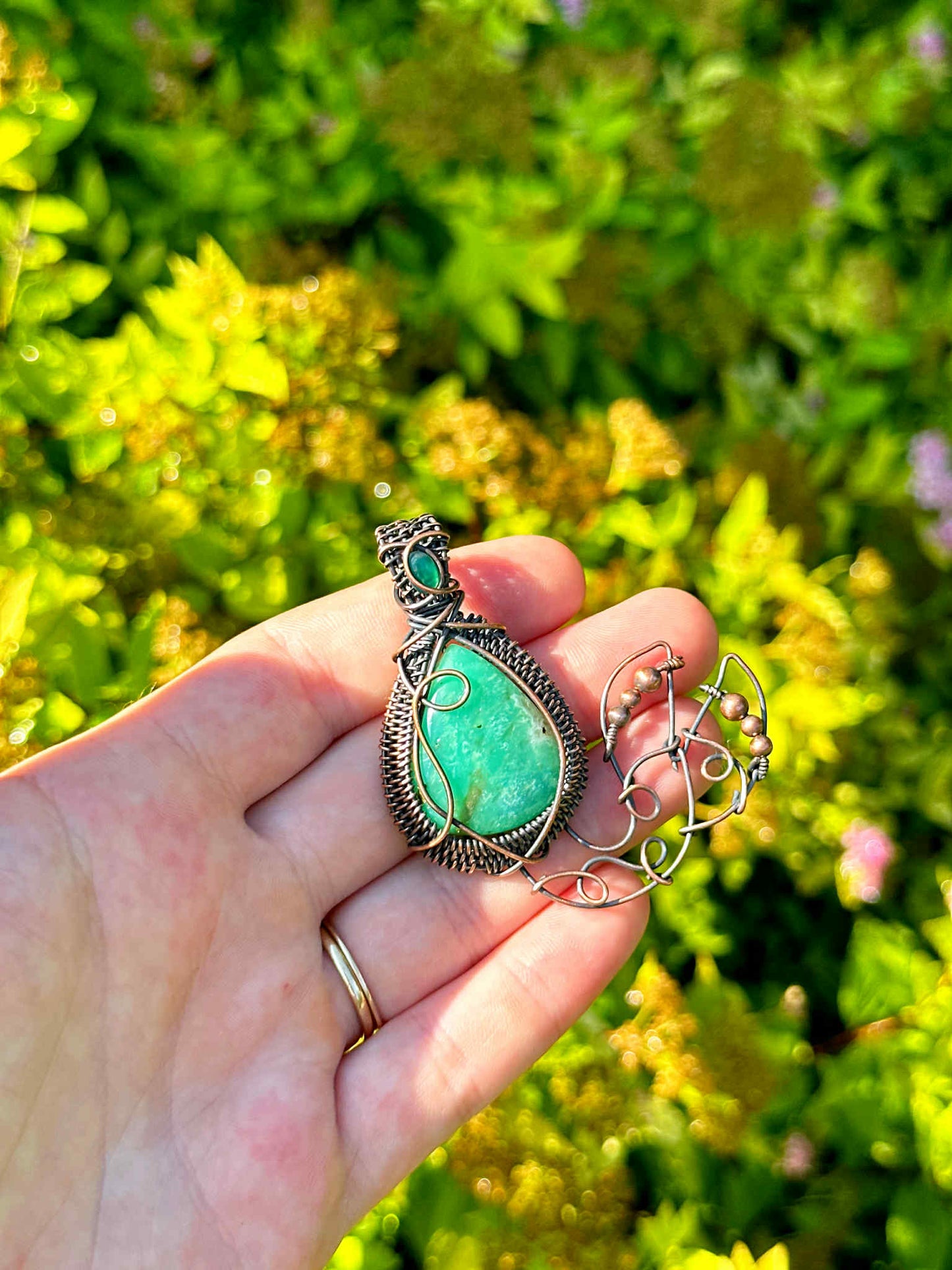 Mermaid Double Chrysoprase & Emerald Crystal Copper Pendant