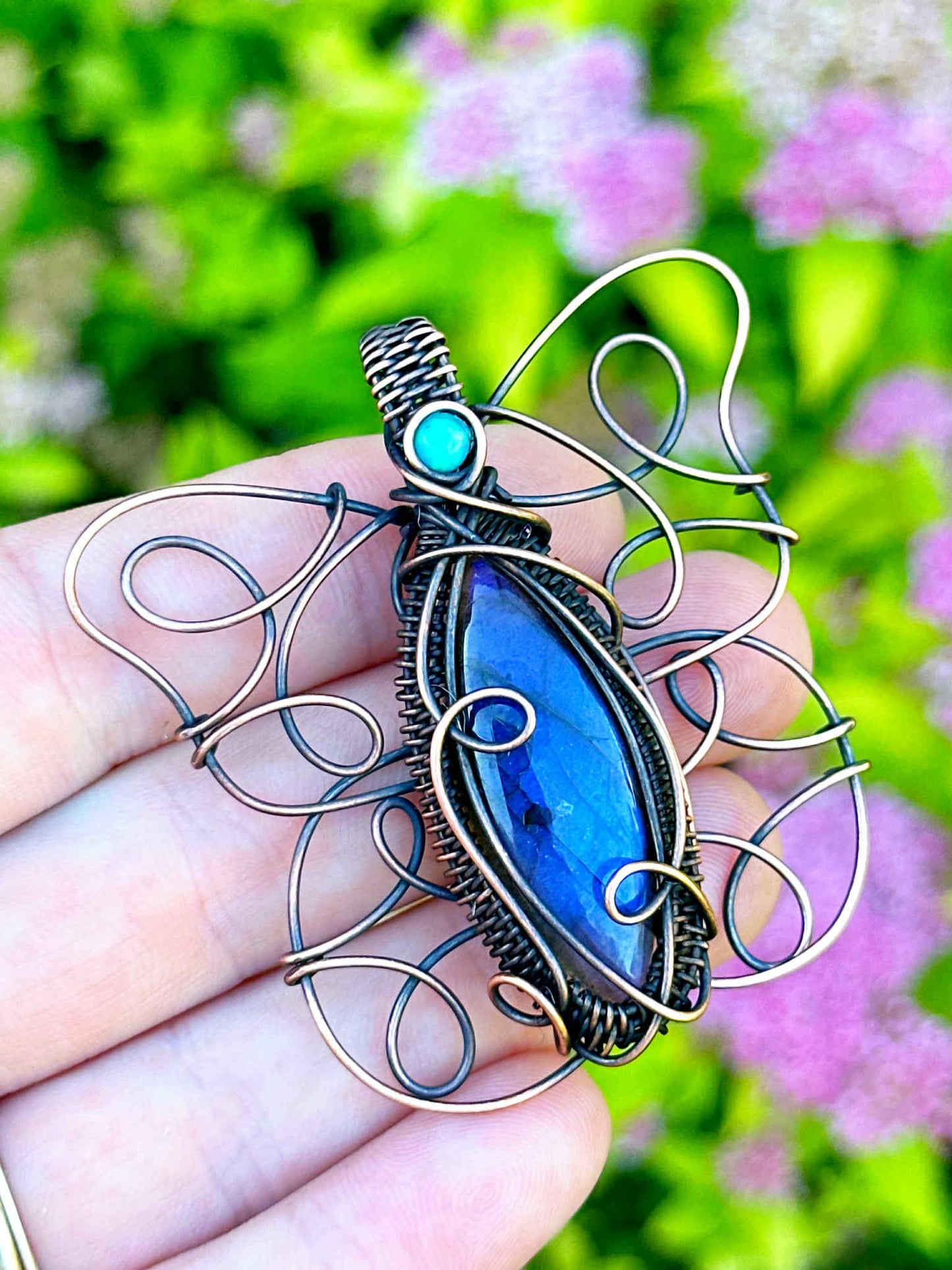 Butterfly Double Labradorite & Opal Crystal Copper Pendant