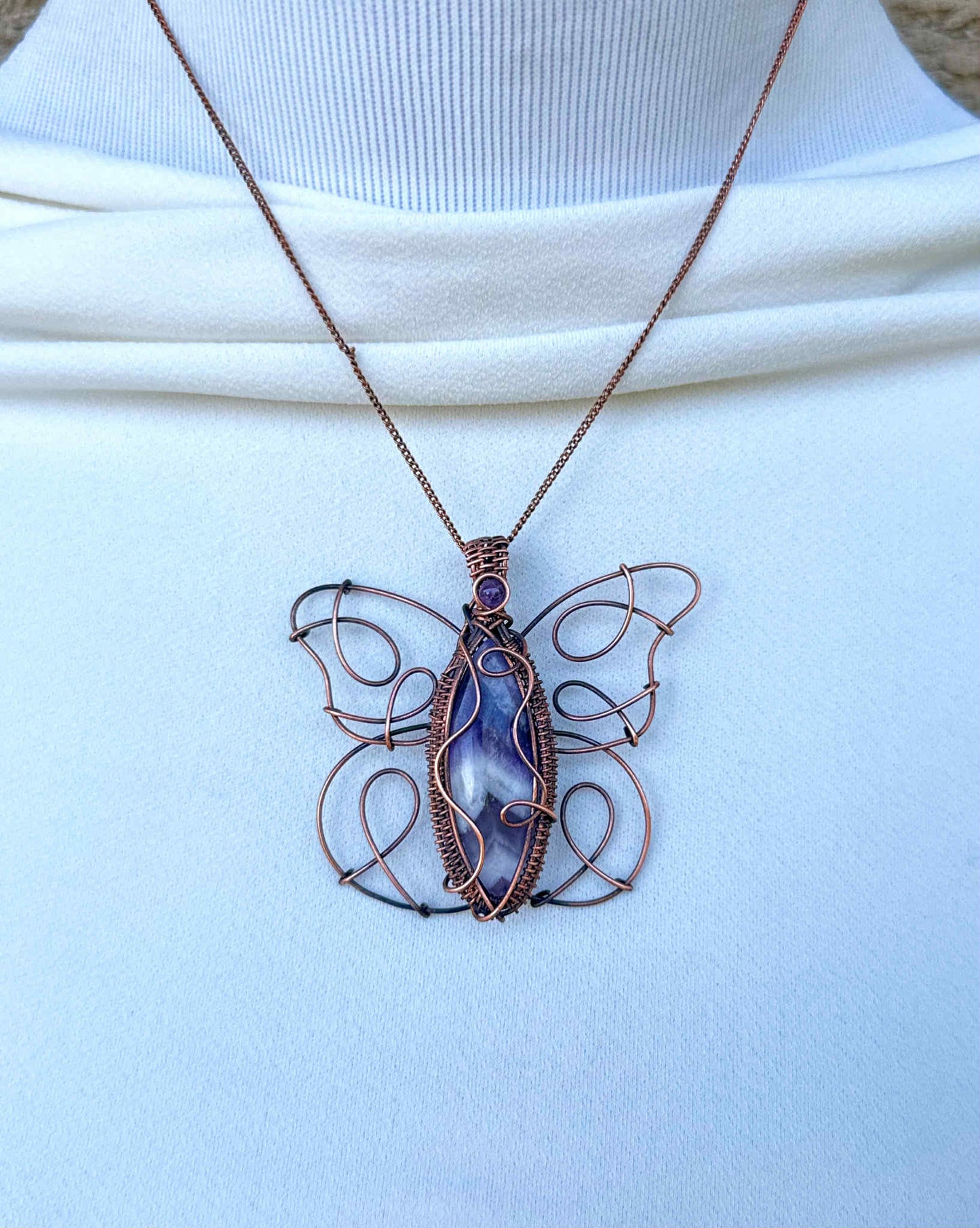 Butterfly Purple Chevron & Amethyst Crystal Copper Pendant