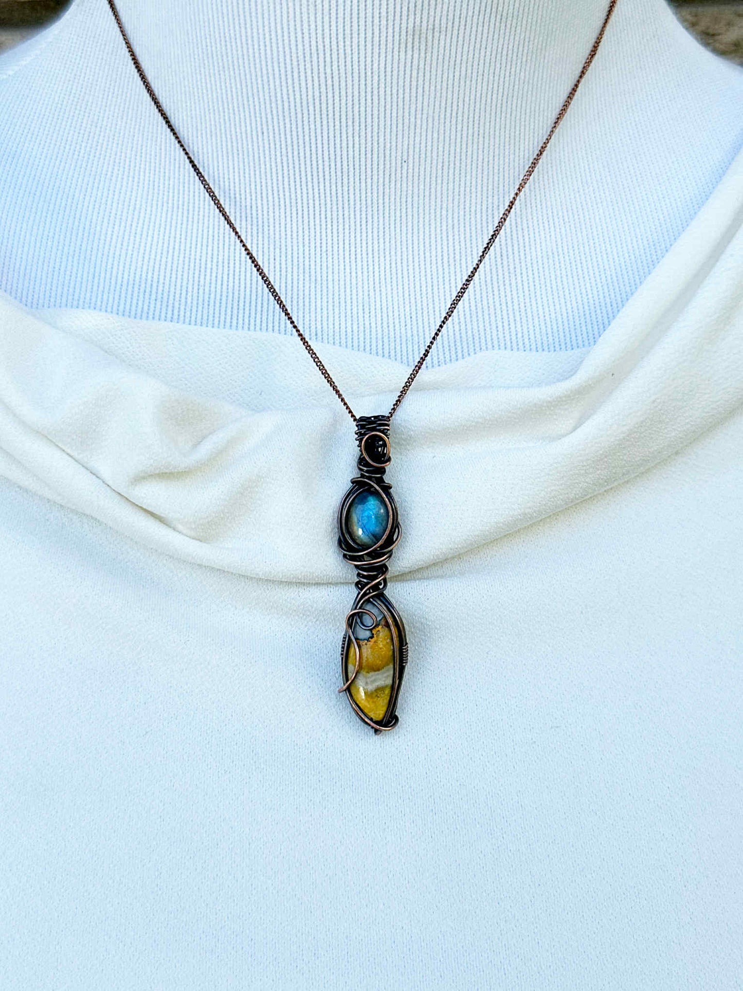 Double Labradorite & Bumble Bee Jasper Crystal Copper Pendant