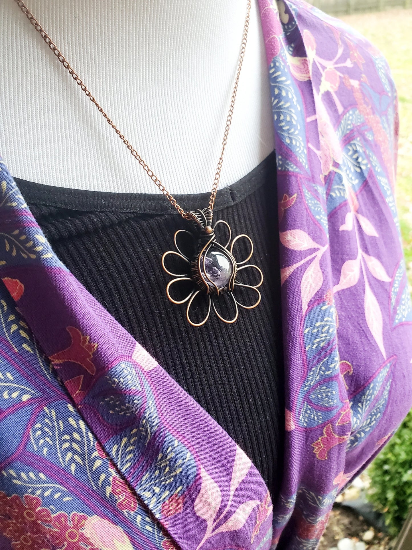 Daisy Amethyst Crystal Copper Pendant