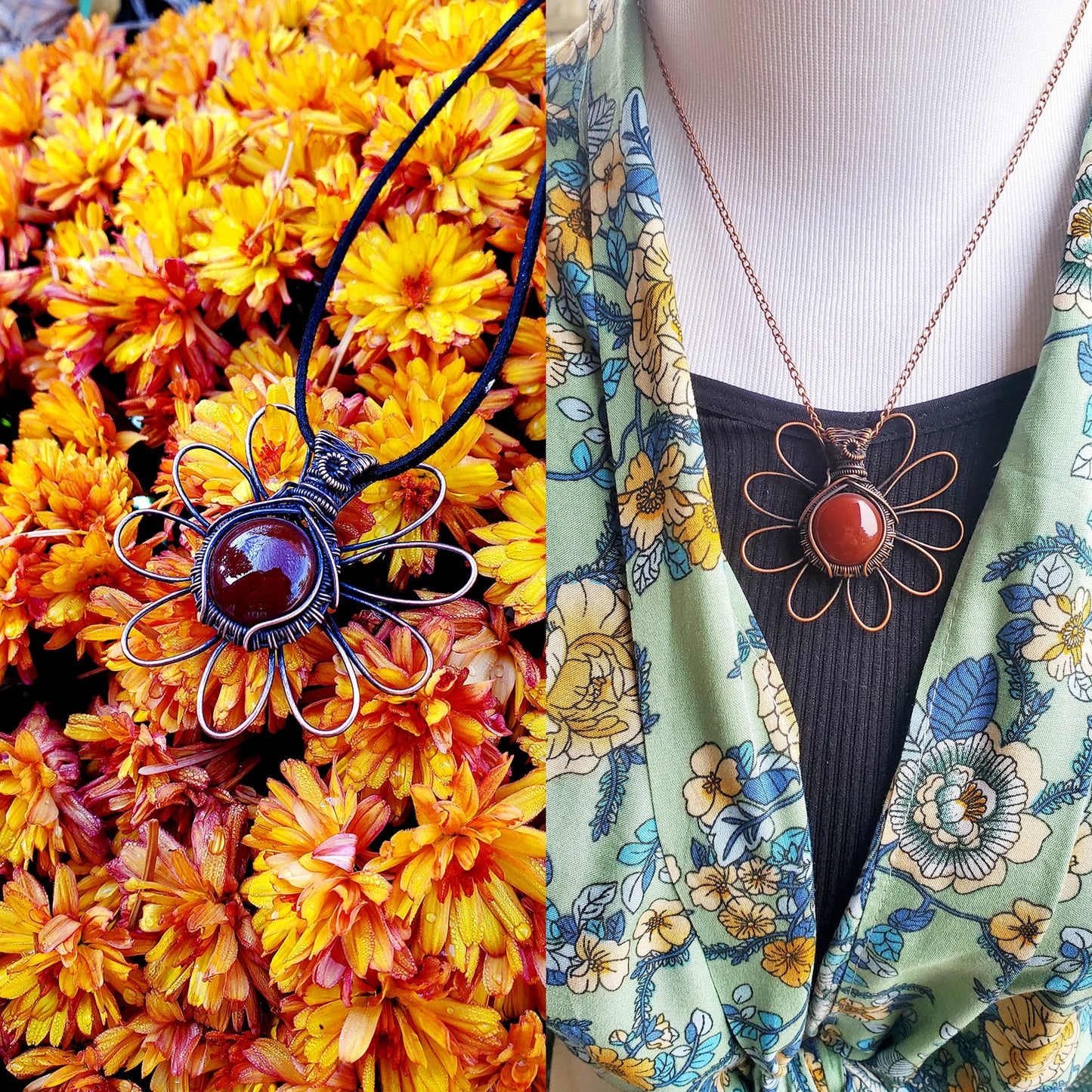Daisy Red Onyx Crystal Copper Pendant