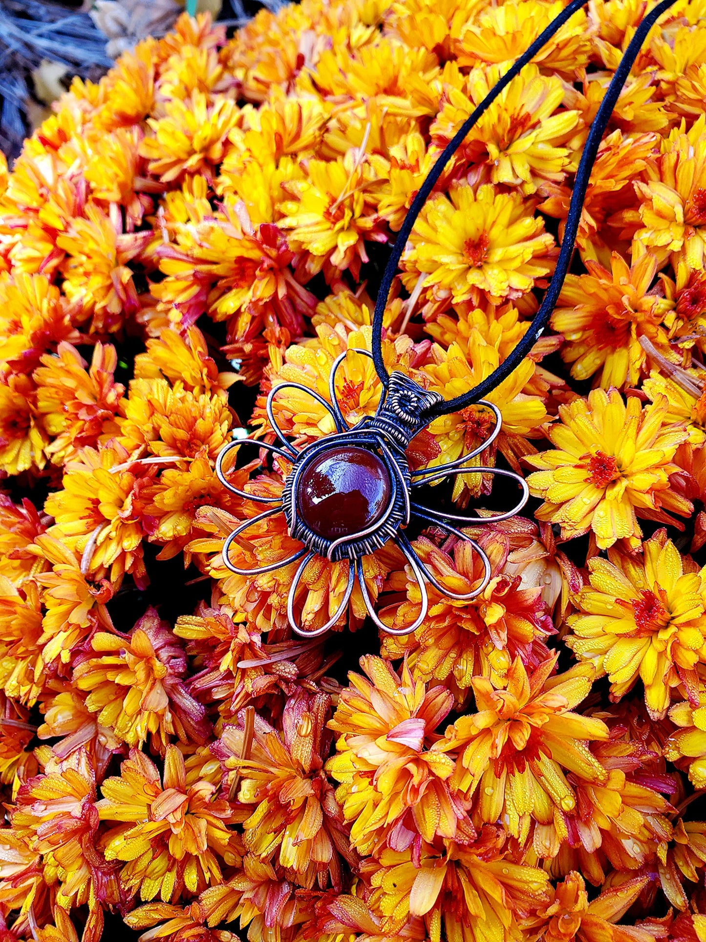 Daisy Red Onyx Crystal Copper Pendant