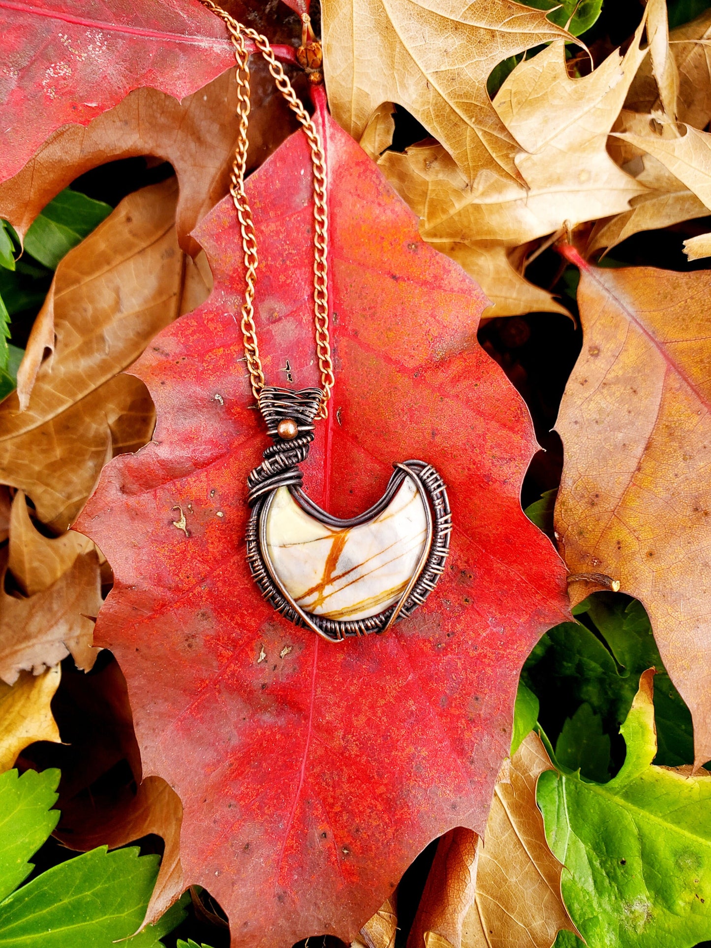 Crecent Moon Picture Jasper Crystal Copper Pendant