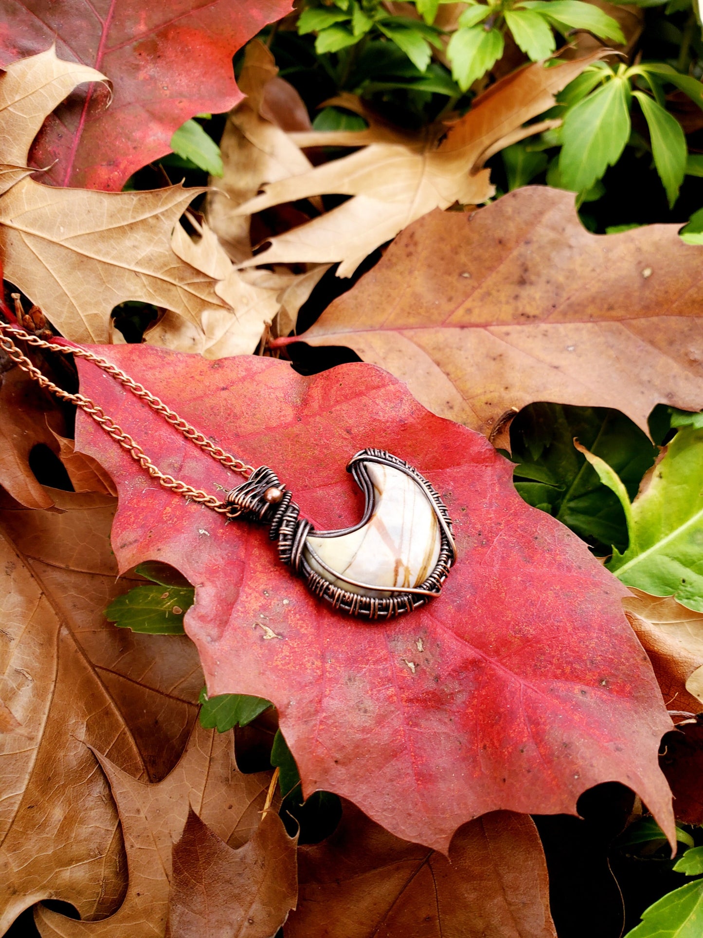 Crecent Moon Picture Jasper Crystal Copper Pendant