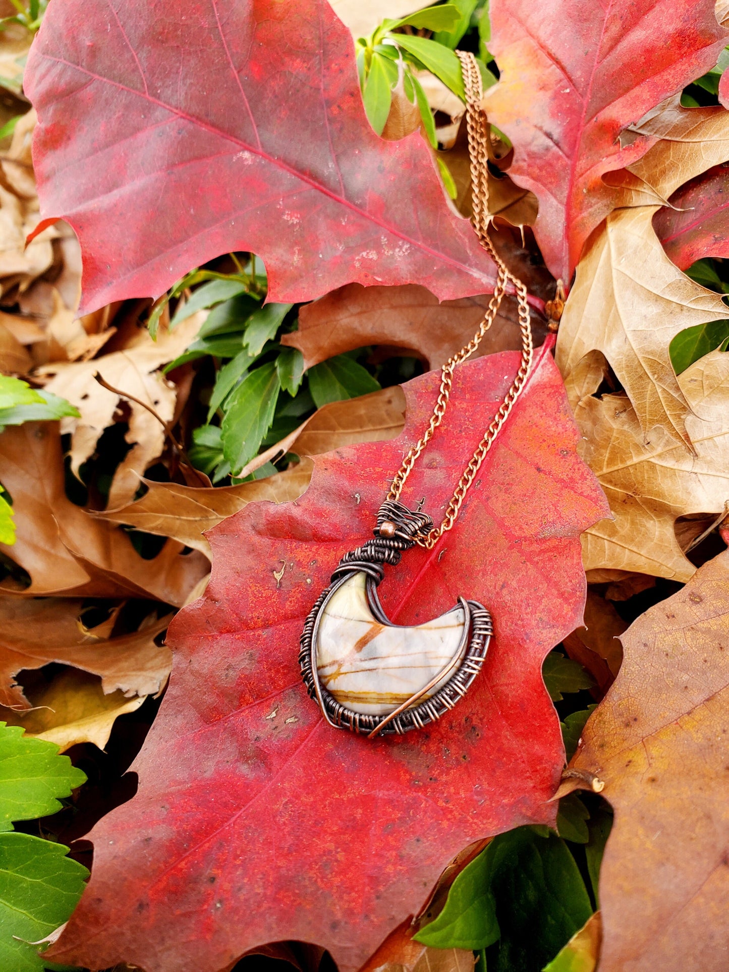 Crecent Moon Picture Jasper Crystal Copper Pendant