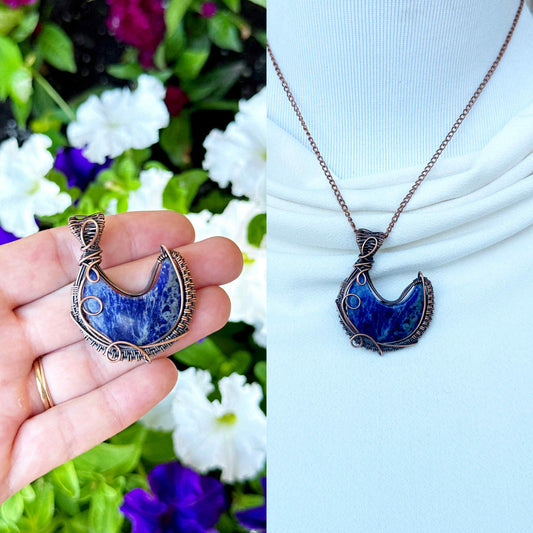 Crescent Moon Lapis Crystal Copper Pendant