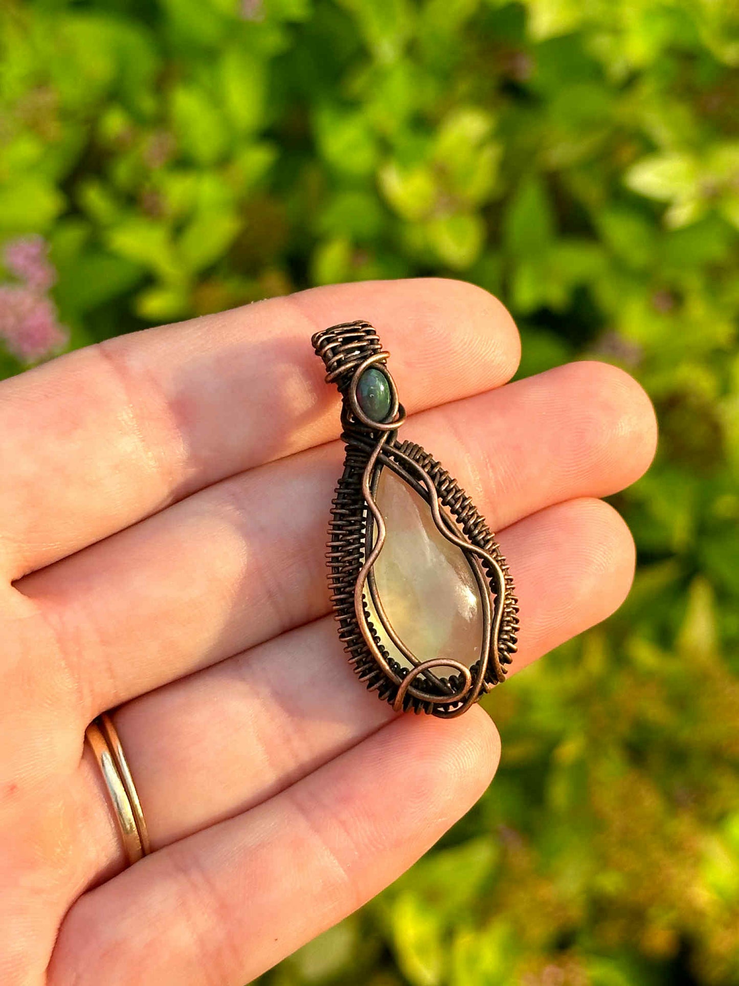 Prehnite & Ethiopian Black Opal Crystal Copper Pendant