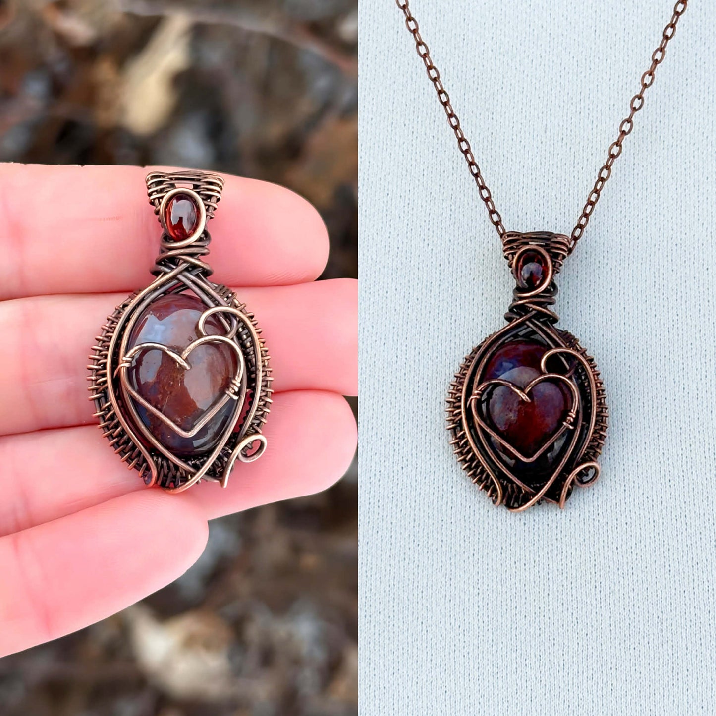 Heart Bloodstone & Garnet Accent Crystal Copper Pendant