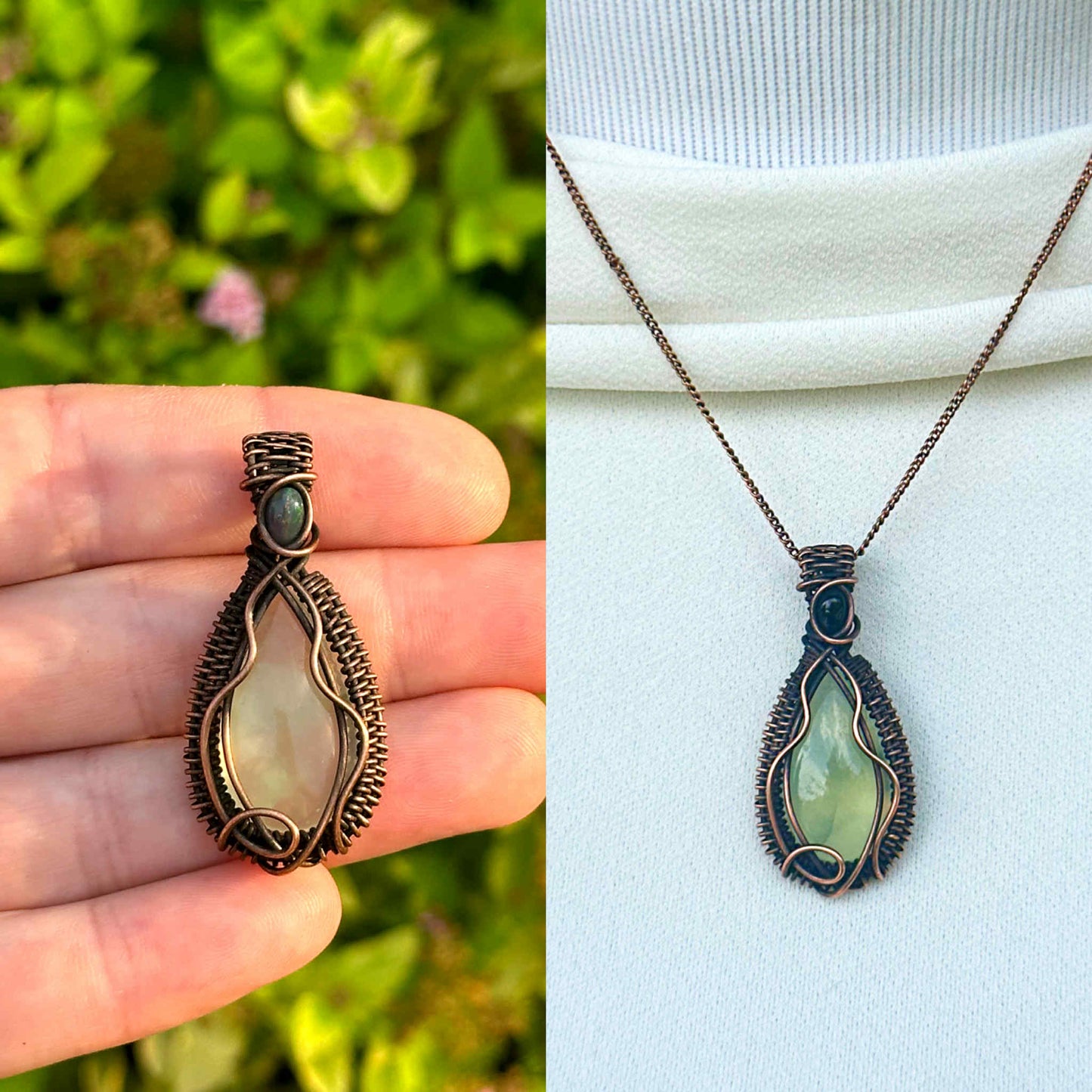 Prehnite & Ethiopian Black Opal Crystal Copper Pendant