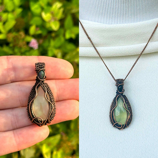 Prehnite & Ethiopian Black Opal Crystal Copper Pendant
