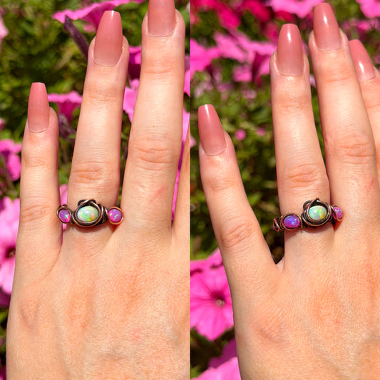 Triple Ethiopian Pink Opal Crystal Copper Ring