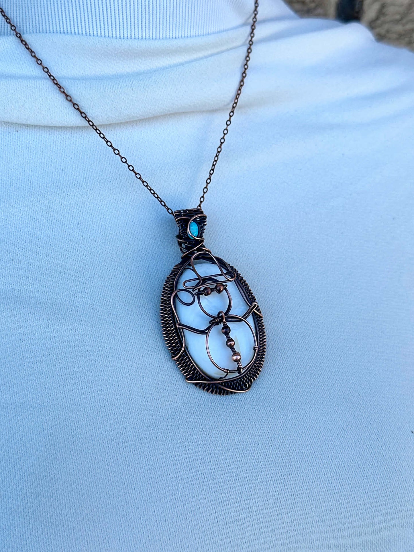 Snowman Mother of Pearl & Opal Crystal Copper Pendant