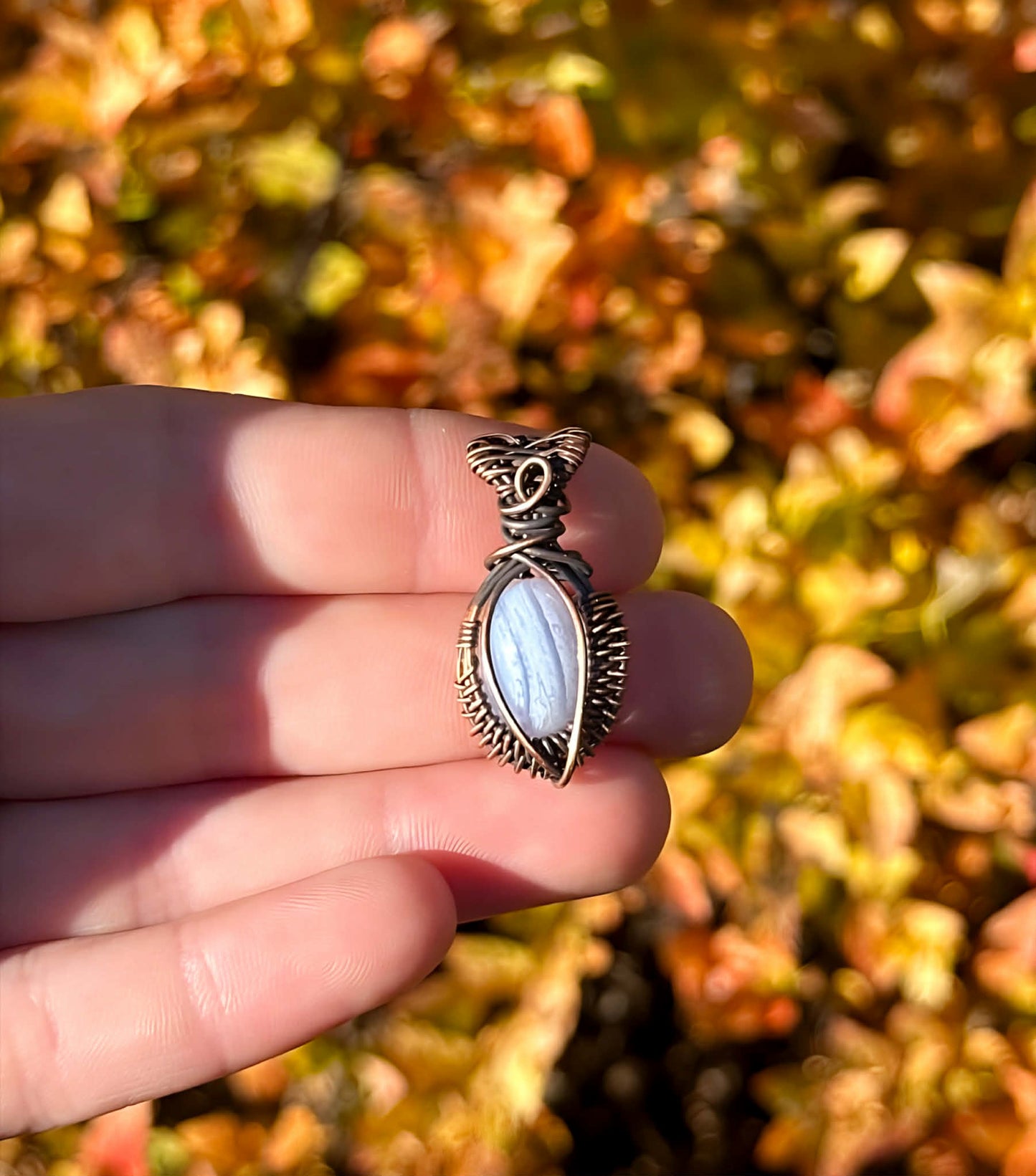 Mini Blue Lace Agate Crystal Copper Pendant