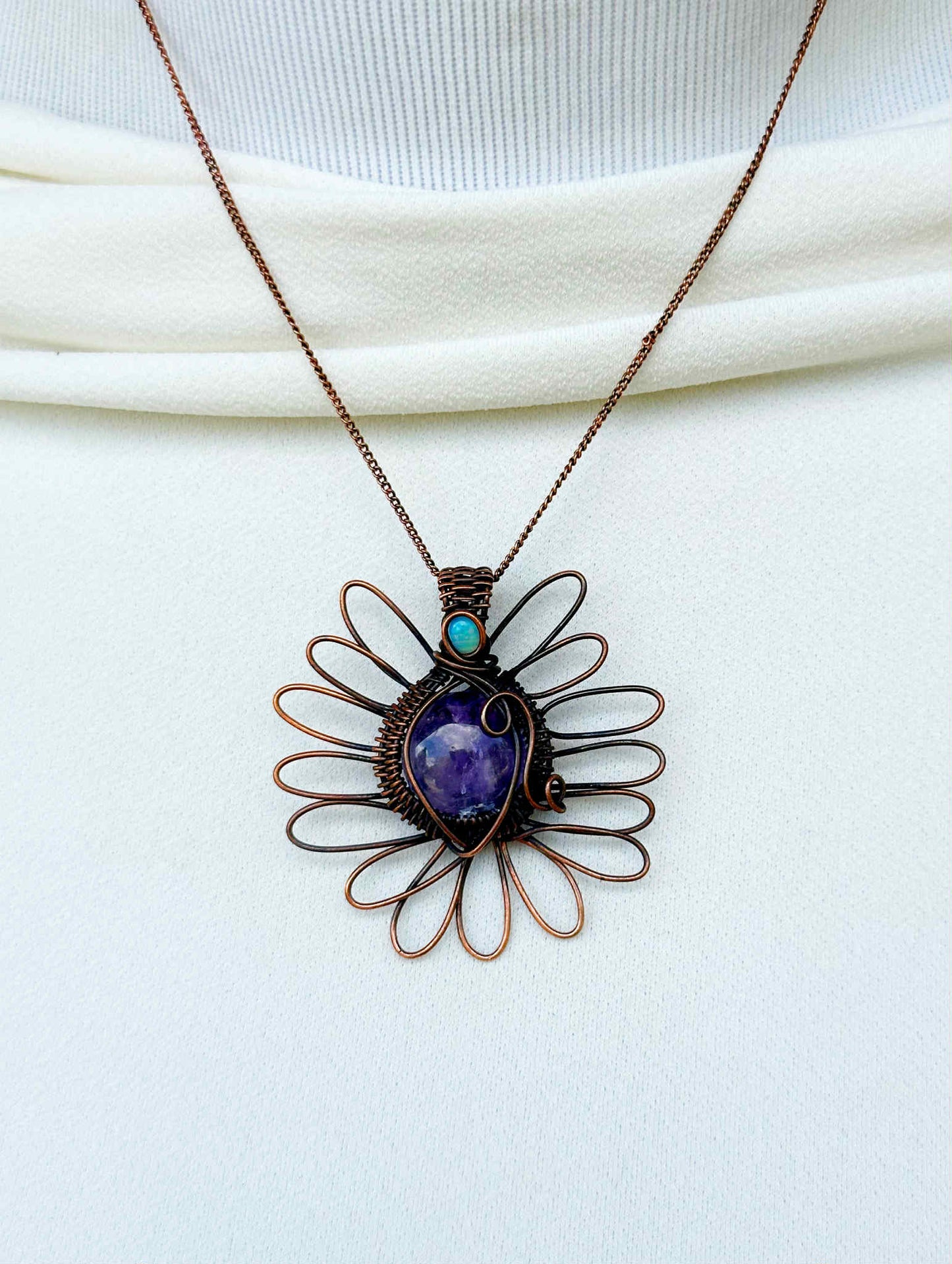 Purple Wisteria Amethyst & Opal Crystal Copper Pendant
