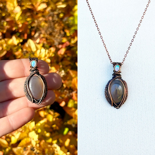 Mini Grey Moonstone & Opal Accent Crystal Copper Pendant