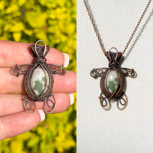 Turtle Green Spotted Jasper Crystal Copper Pendant