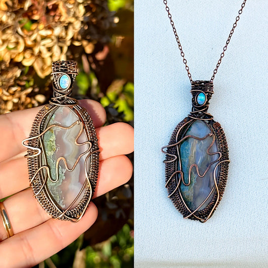Wolf Moss Agate & Opal Crystal Copper Pendant