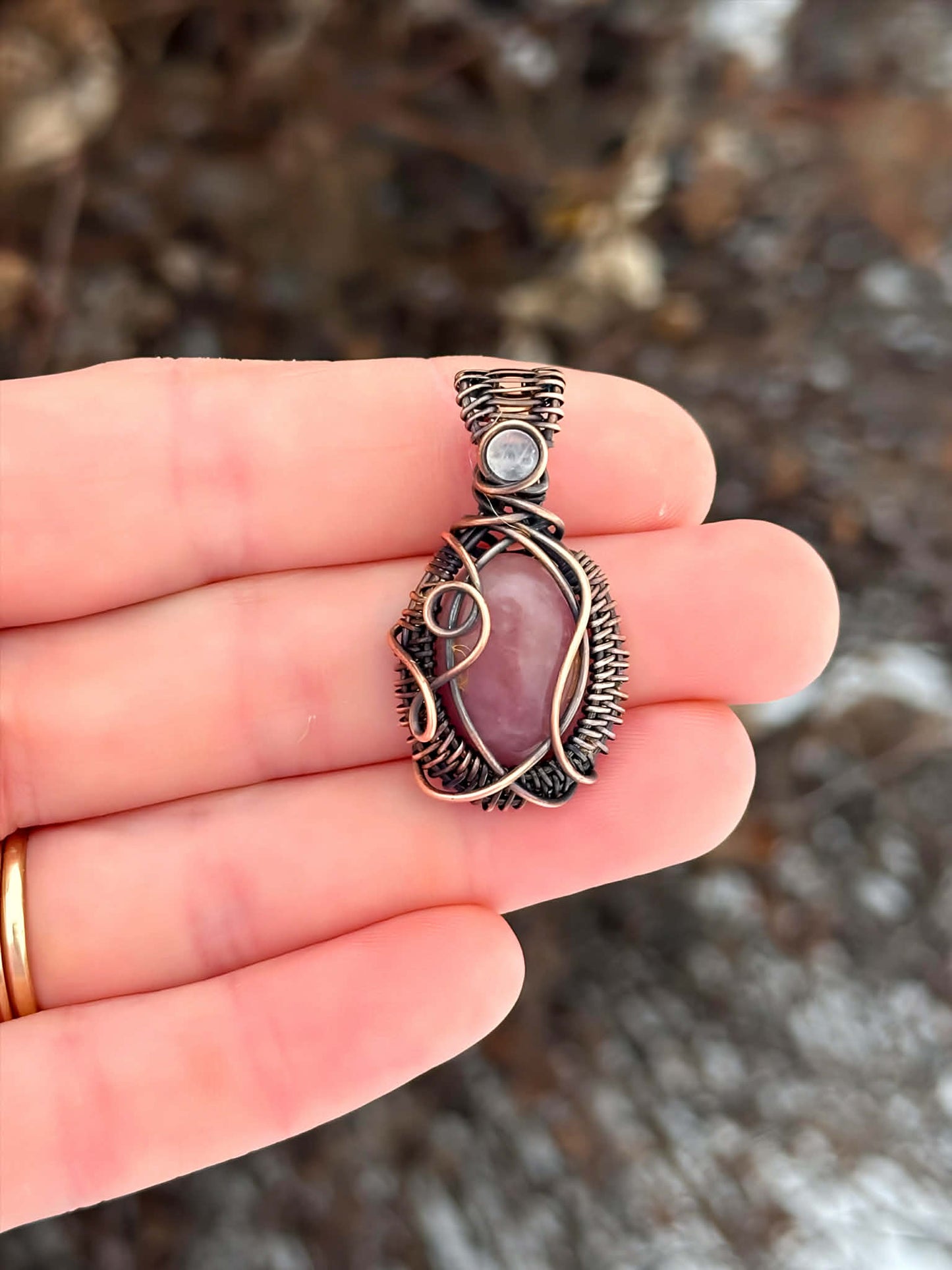 Mini Lepidolite & Clear Quartz Crystal Copper Pendant