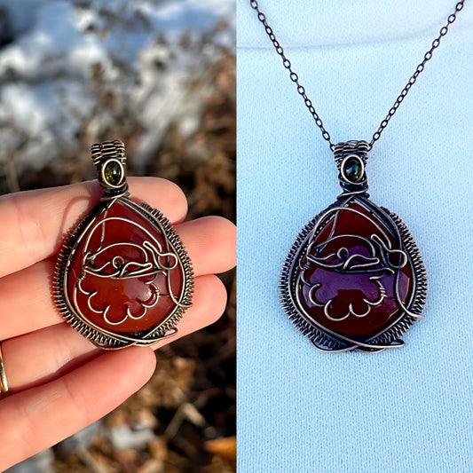 Santa Claus Red Onyx & Green Tourmaline Accent Crystal Copper Pendant