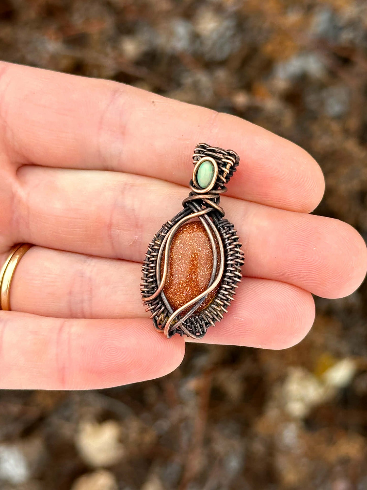Mini Sunstone & Opal Accent Crystal Copper Pendant