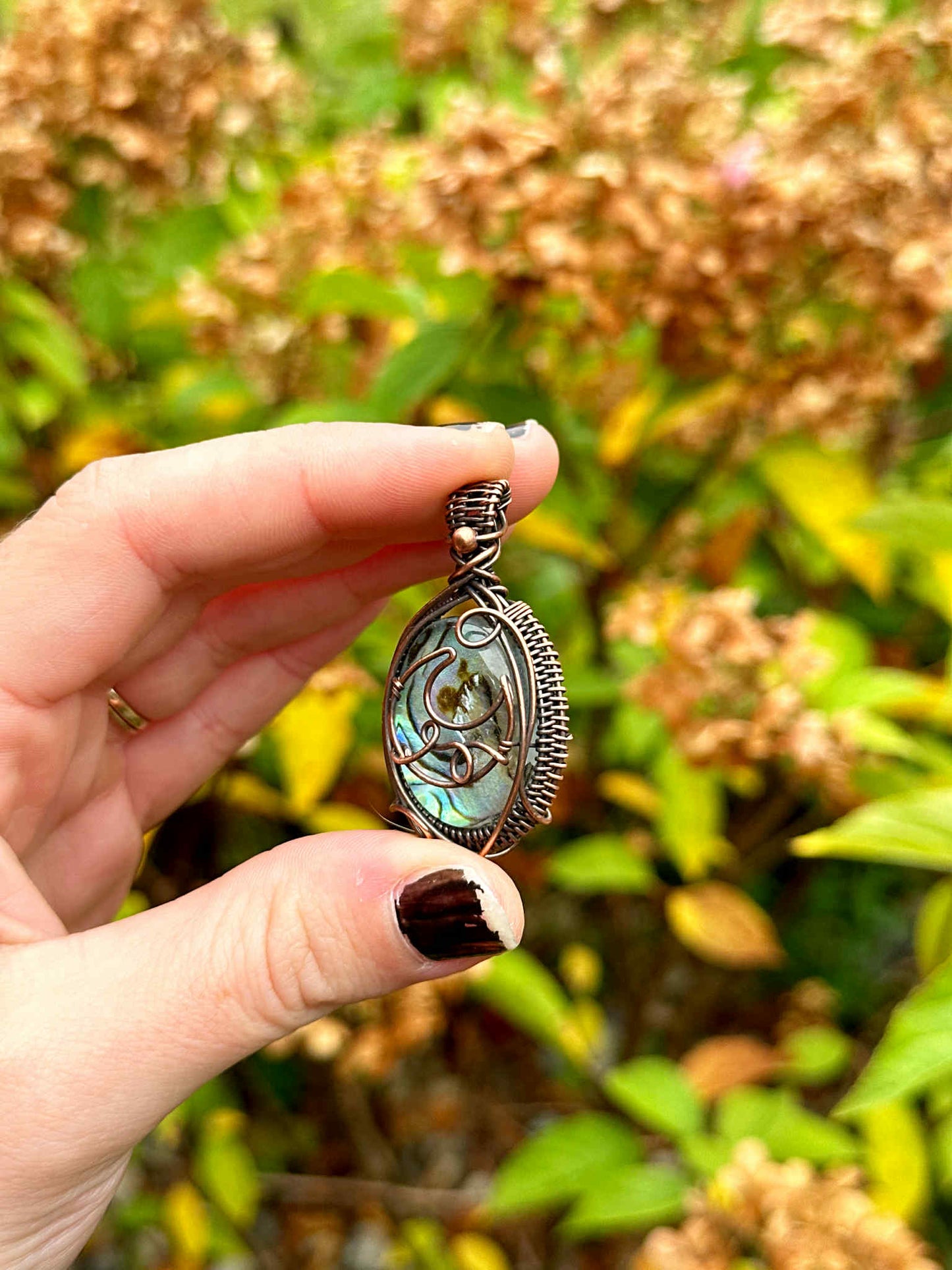 Crescent Moon Abalone Shell Crystal Copper Pendant