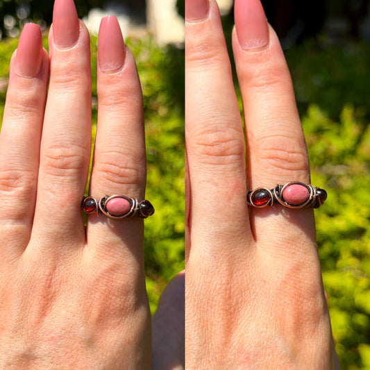 Triple Ruby & Rhodonite Crystal Copper Ring