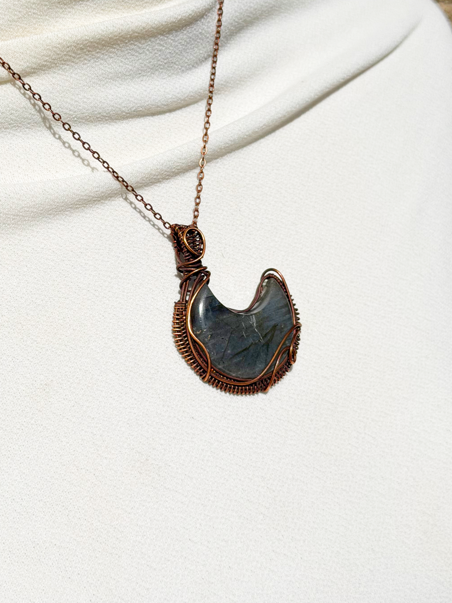 Crescent Moon Blue Labradorite Crystal Copper Pendant