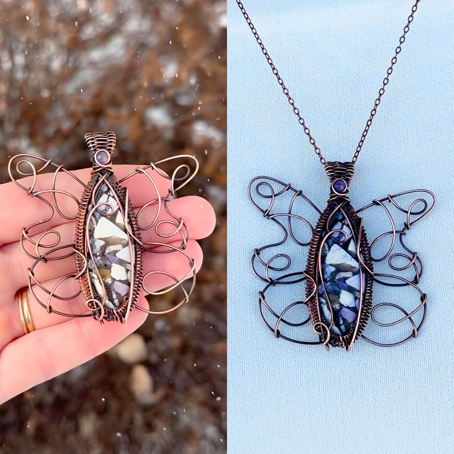 Butterfly Tiffany Copper & Amethyst Accent Crystal Copper Pendant