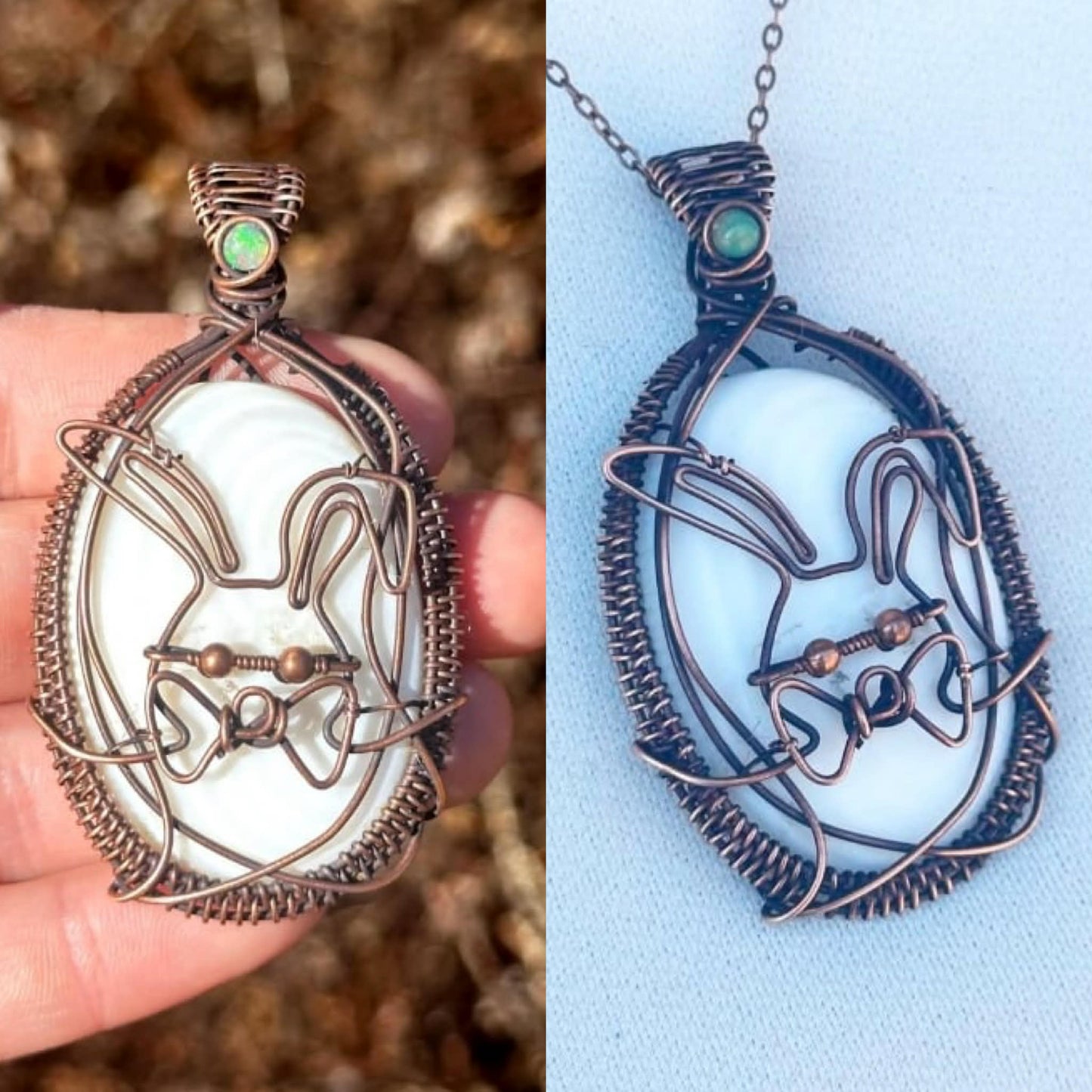 Easter Bunny Mother of Pearl & Opal Accent Crystal Copper Pendant