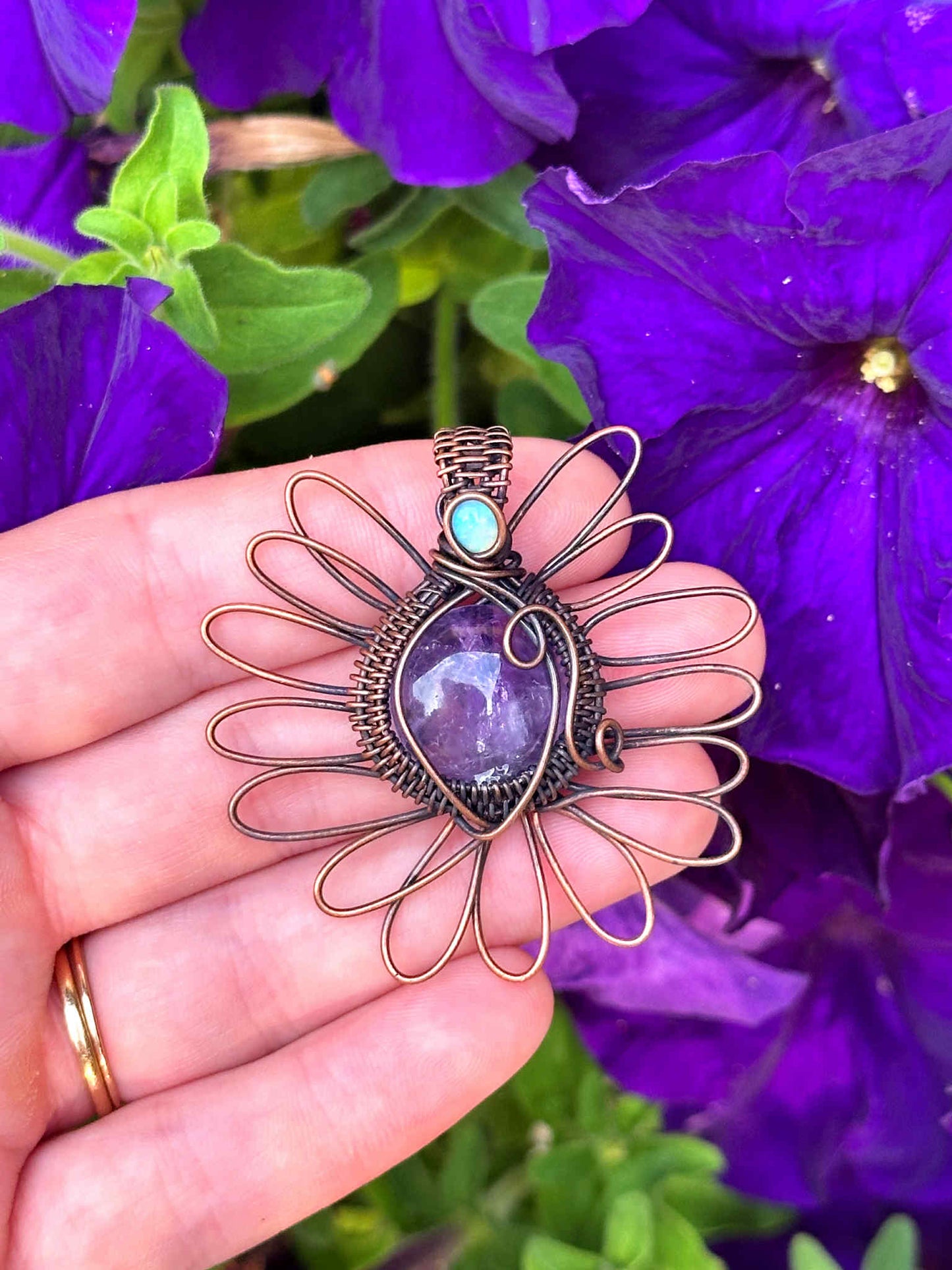 Purple Wisteria Amethyst & Opal Crystal Copper Pendant
