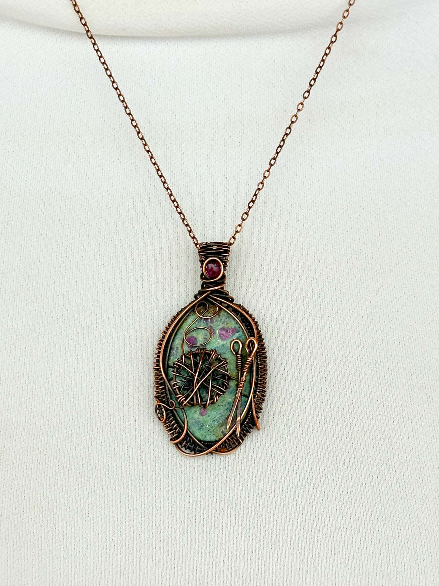 Knitting Ruby Zoisite & Pink Tourmaline Crystal Copper Pendant
