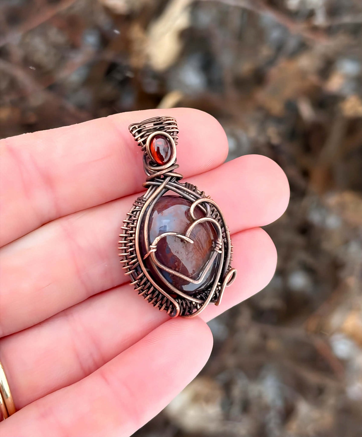 Heart Bloodstone & Garnet Accent Crystal Copper Pendant
