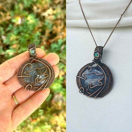 Wolf Grey Agate & Opal Crystal Copper Pendant