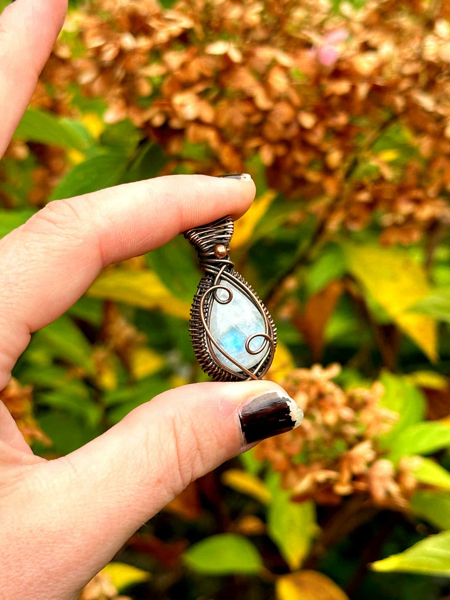 Mini Rainbow Moonstone Crystal Copper Pendant