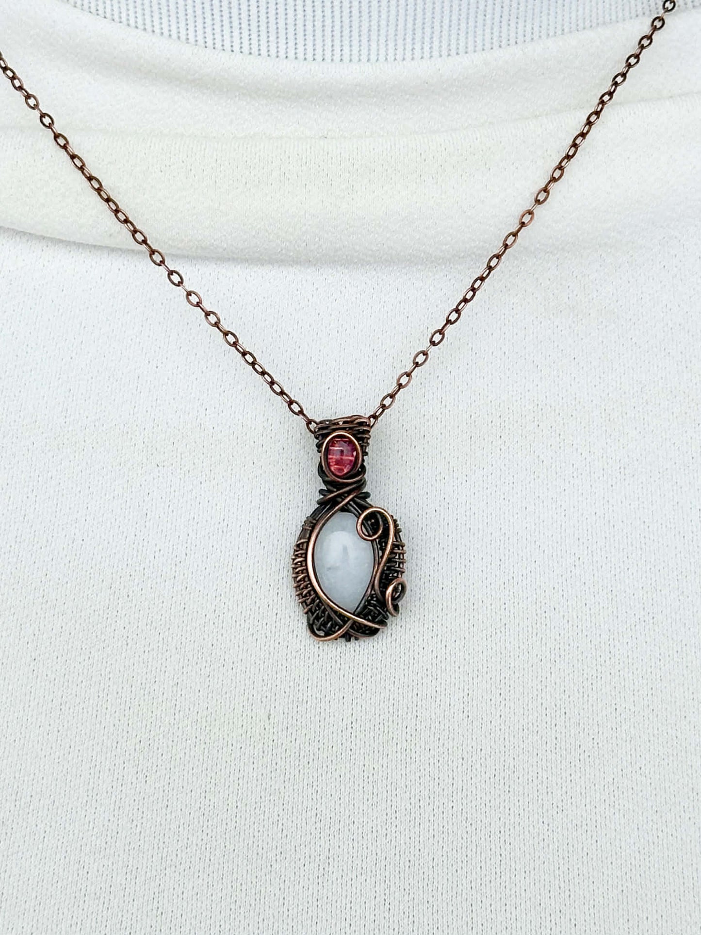 Mini White Jade & Tourmaline Accent Crystal Copper Pendant