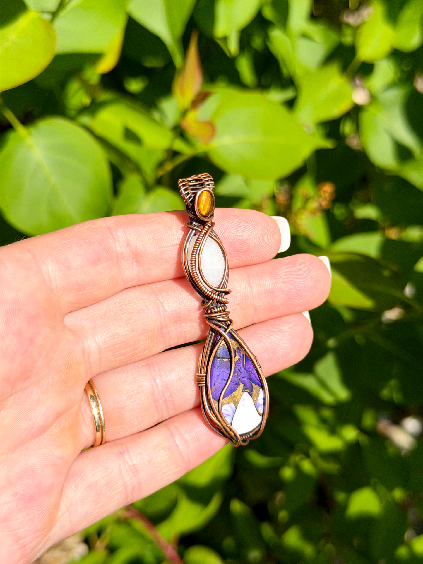 Triple Purple Copper, White Jade & Tiger’s Eye Accent Crystal Copper Pendant