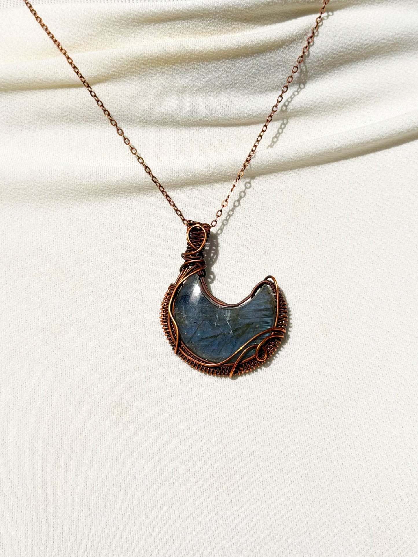 Crescent Moon Blue Labradorite Crystal Copper Pendant
