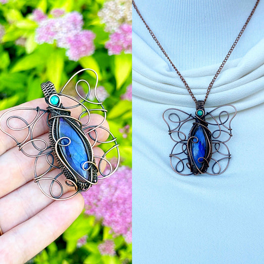 Butterfly Double Labradorite & Opal Crystal Copper Pendant