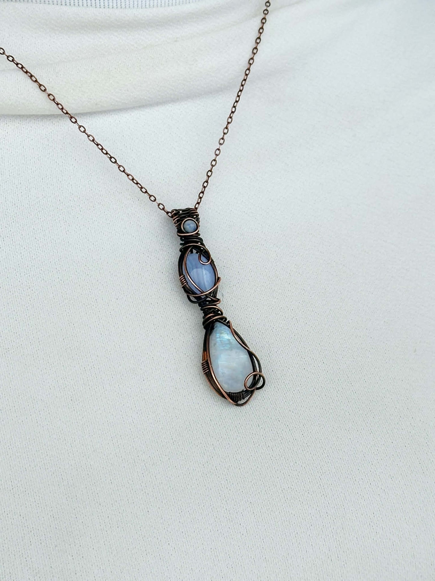 Triple Blue Lace Agate & Rainbow Moonstone with White Jade Accent Crystal Copper Pendant