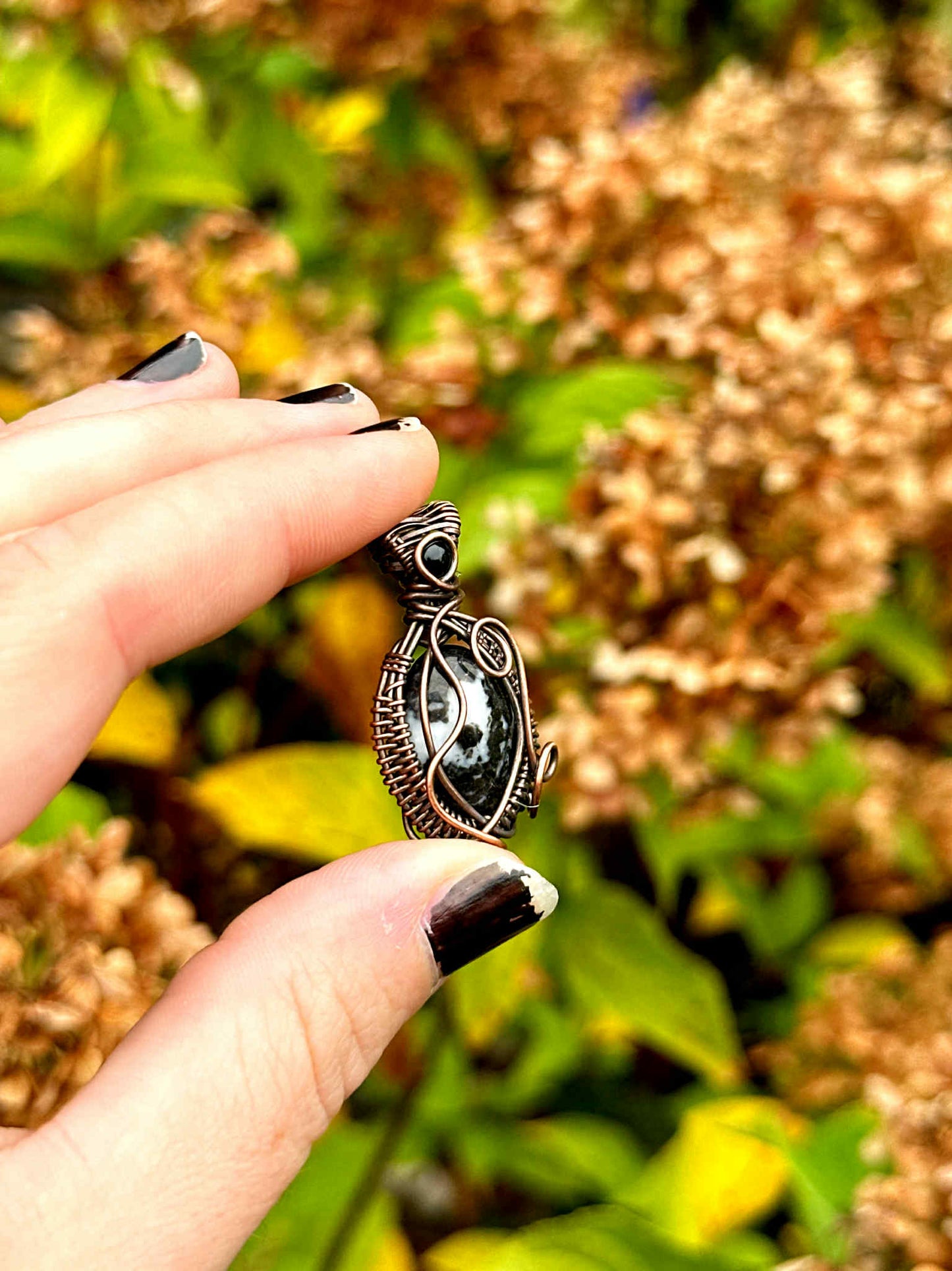 Mini Zebra Jasper & Black Onyx Accent Crystal Copper Pendant