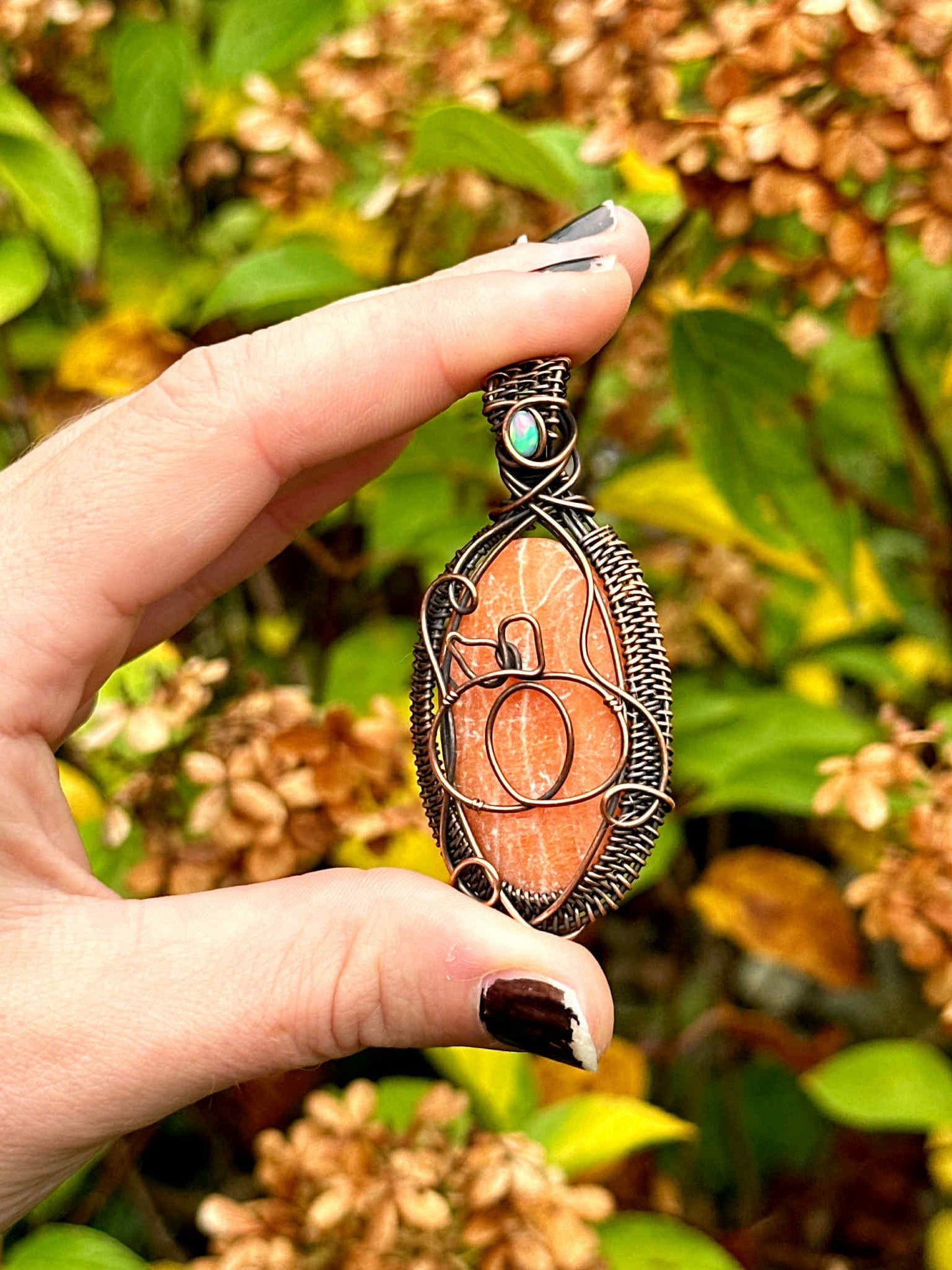 Pumpkin Orange Calcite & Opal Crystal Copper Pendant