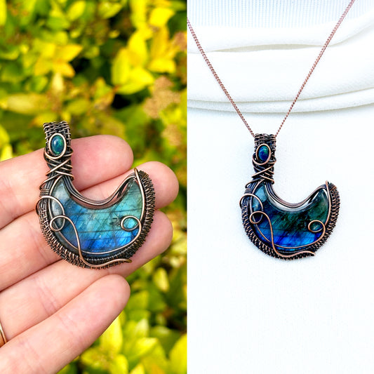 Crescent Moon Labradorite & Opal Crystal Copper Pendant