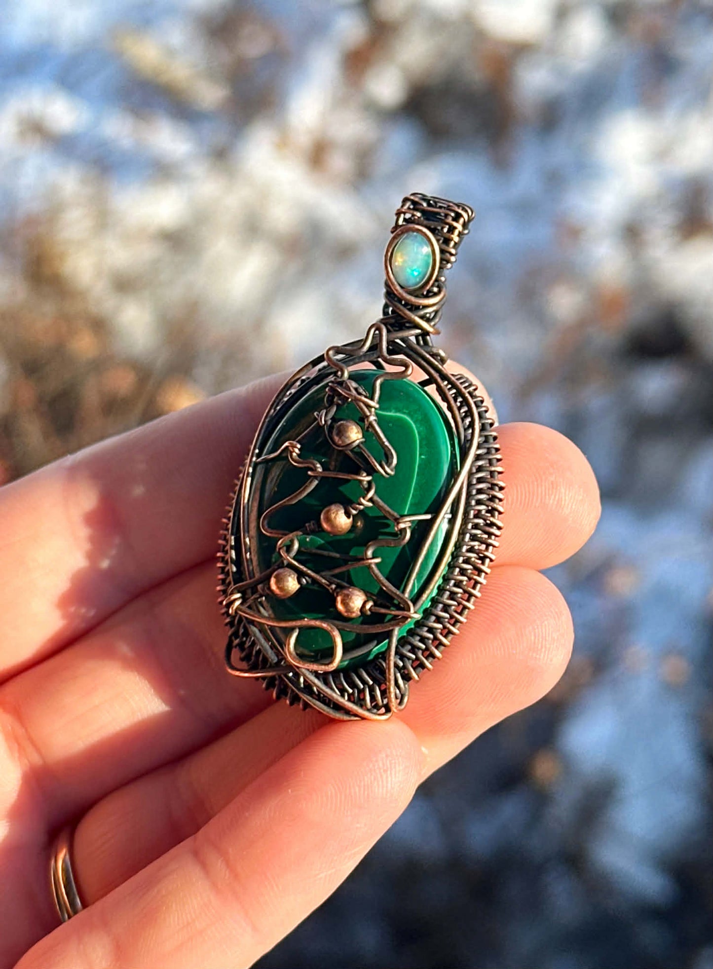 Christmas Tree Malachite & Opal Accent Crystal Copper Pendant